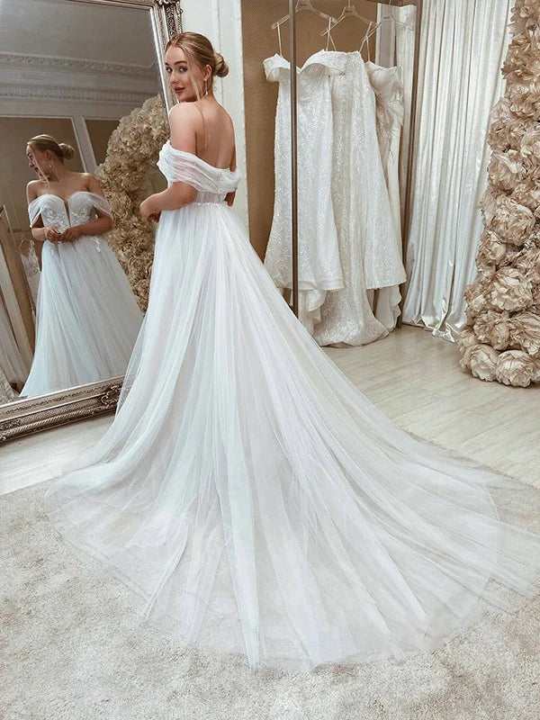 Luolandi A-Line/Princess Tulle Applique Off-the-Shoulder Sleeveless Sweep/Brush Train Wedding Dresses Sexy