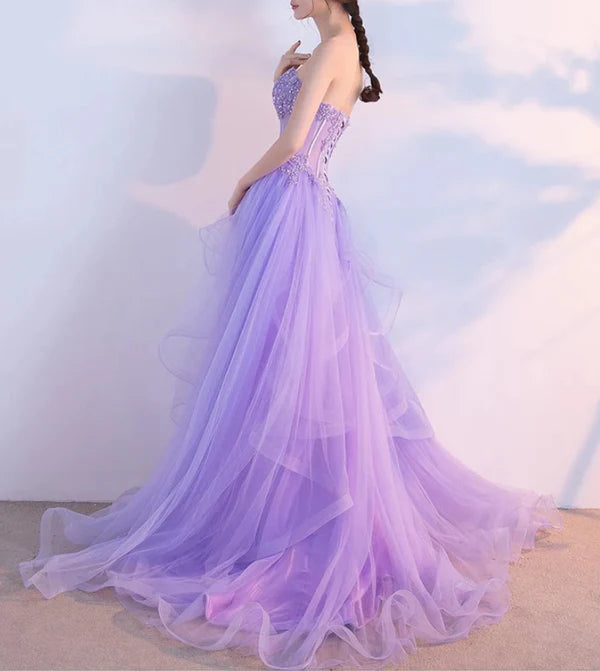 Luolandi Light Purple Layers Tulle Lace Applique Long Formal Dress Purple Evening Dress Prom Dress Off Shoulder