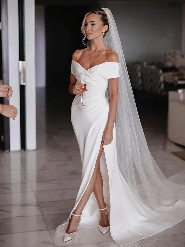 Luolandi Sheath/Column Crepe Ruched Off-the-Shoulder Sleeveless Chapel Train Wedding Dresses With Slit Without Wedding Veil