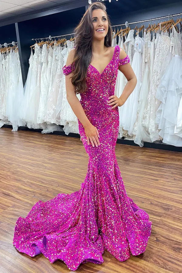 Luolandi Mermaid Off-the-Shoulder Fuchsia Sequins Long Prom Dress Sparkly Evening Dress