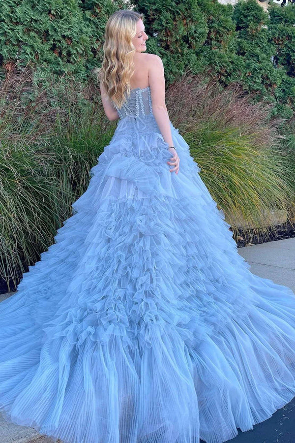Luolandi Princess Blue Strapless Tiered Tulle Prom Gown Off Shoulder Long Prom Dress
