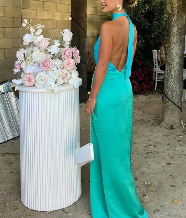 Luolandi Chic V Neck Backless Satin Elegant Long Dress Wedding Guest Dress Sexy Party Dress