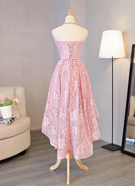 Luolandi Cute A-Line Pink High Low Lace Scoop Homecoming Dress Pink Short Prom Dress Off Shoulder Cocktail Dress