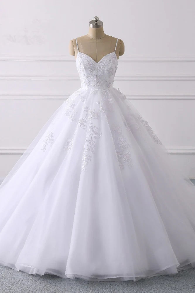 Luolandi Spaghetti Straps V Neck Tulle Wedding Dress With Lace Appliques Floor Length Elegant