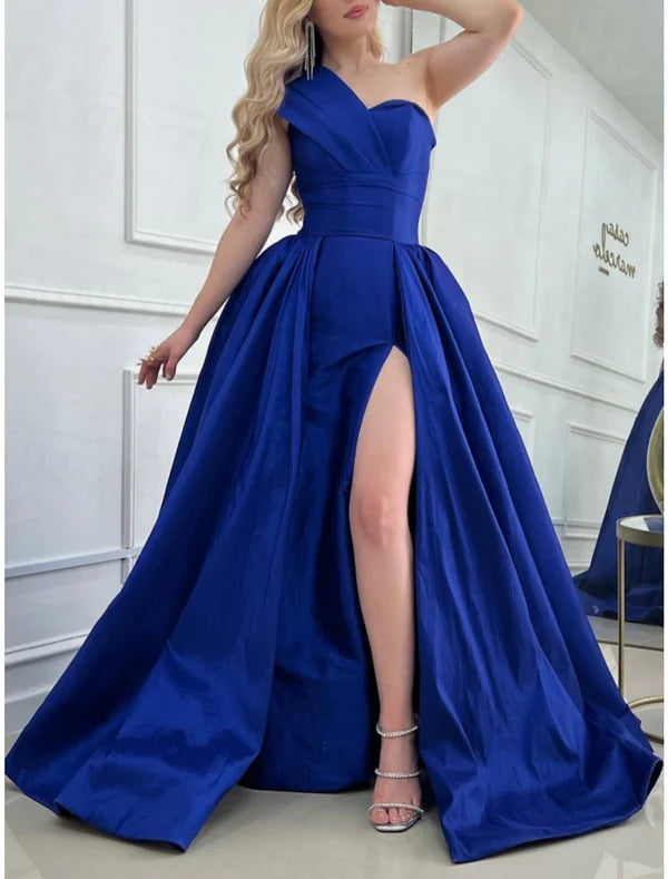 Luolandi A-Line Prom Dresses Elegant Dress Formal Sweep / Brush Train Sleeveless One Shoulder Satin with Pleats Slit Evening Dress