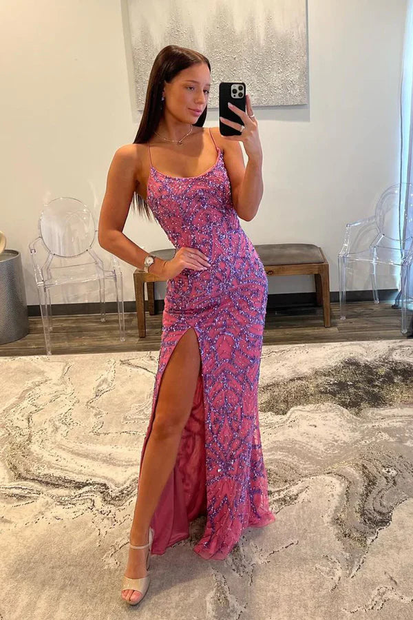 Luolandi Fuchsia Sequins Mermaid Long Prom Dresses with Slit Sparkly Evening Dress