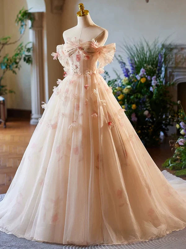 Luolandi A-Line Off Shoulder Tulle Champagne Long Prom Dress Formal Dress Quinceanera Dress Beautiful