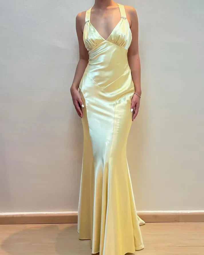 Luolandi Light Yellow V Neck Vintage Mermaid Long Party Dress Evening Dress wedding guest dress