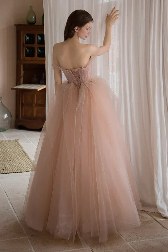 Luolandi Off Shoulder Pink Tulle Long Formal Dress A-line Princess Prom Dress Evening Dress Beautiful
