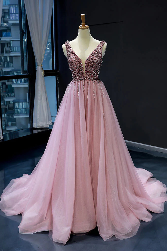 Luolandi Pink tulle sequin v neck long prom dress tulle sequin formal dress A Line Sleeveless Sparkly