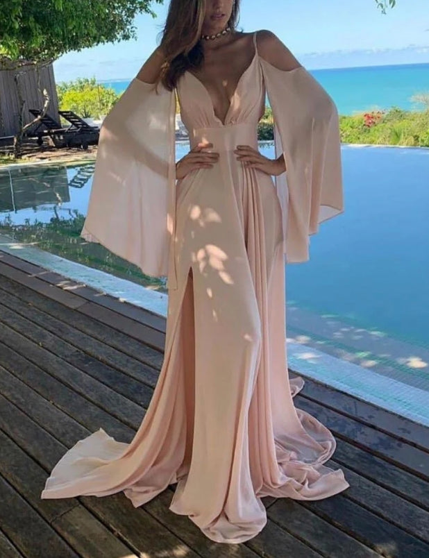 Luolandi Simple Pink Chiffon Long Prom Dress Sexy Evening Dress Elegant Party Dress With Slit