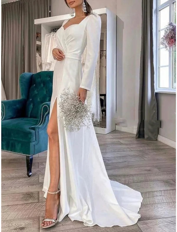 Luolandi Formal Wedding Dresses Sheath / Column Sweetheart Long Sleeve Court Train Satin Bridal Gowns With Pleats Split