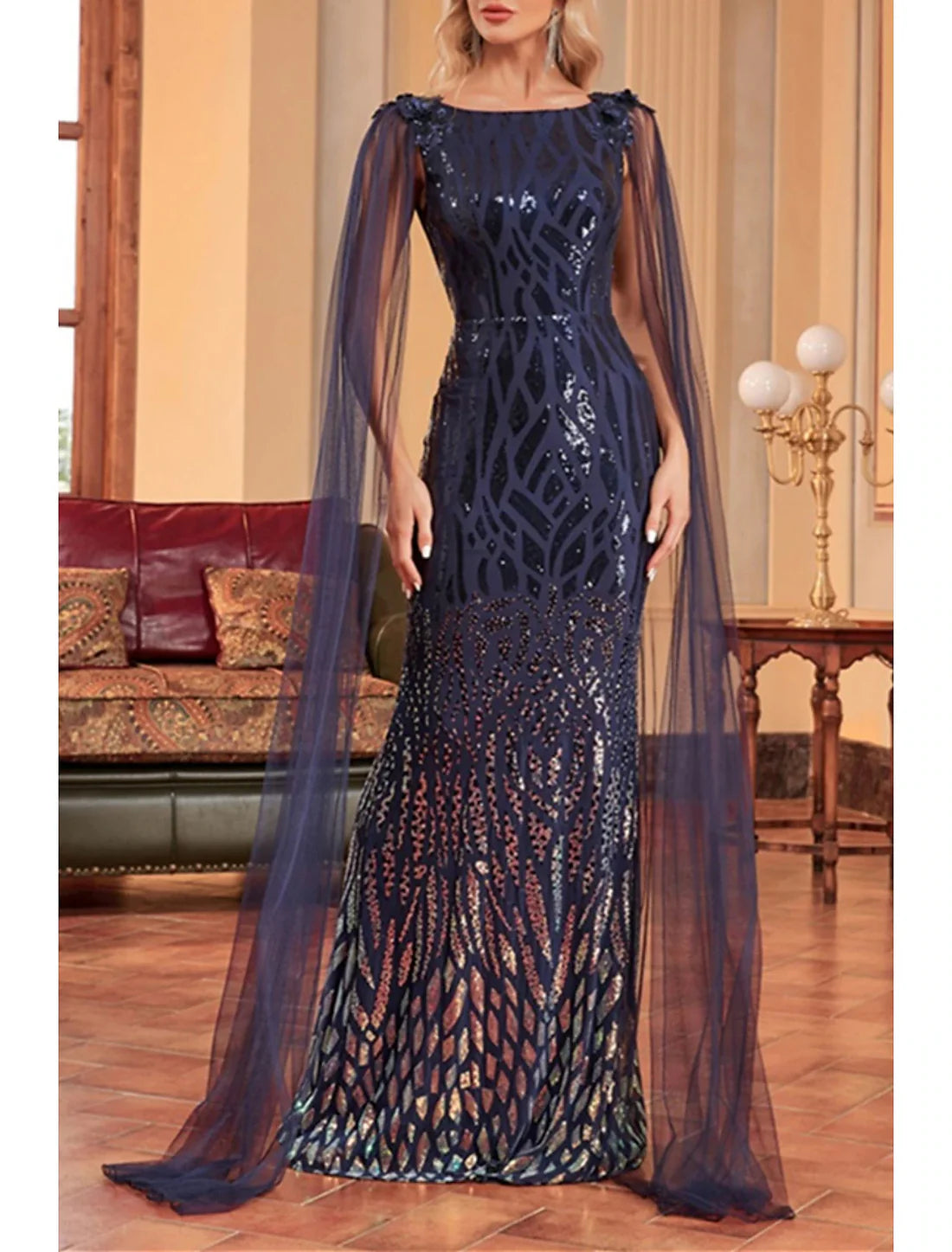 Luolandi Mermaid / Trumpet Mother of the Bride Dress Wedding Guest Party Sparkle & Shine Bateau Neck Floor Length Tulle Sequined Sleeveless with Sequin Draping Evening Dress