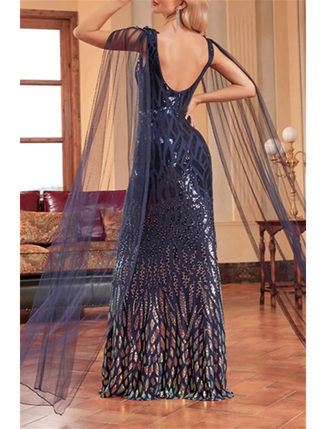 Luolandi Mermaid / Trumpet Mother of the Bride Dress Wedding Guest Party Sparkle & Shine Bateau Neck Floor Length Tulle Sequined Sleeveless with Sequin Draping Evening Dress