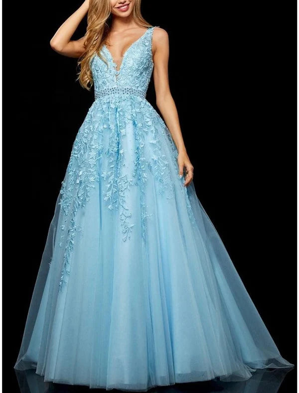 Luolandi A-Line Prom Dresses Elegant Dress Formal Prom Floor Length Sleeveless V Neck Tulle with Beading Embroidery Appliques Beautiful
