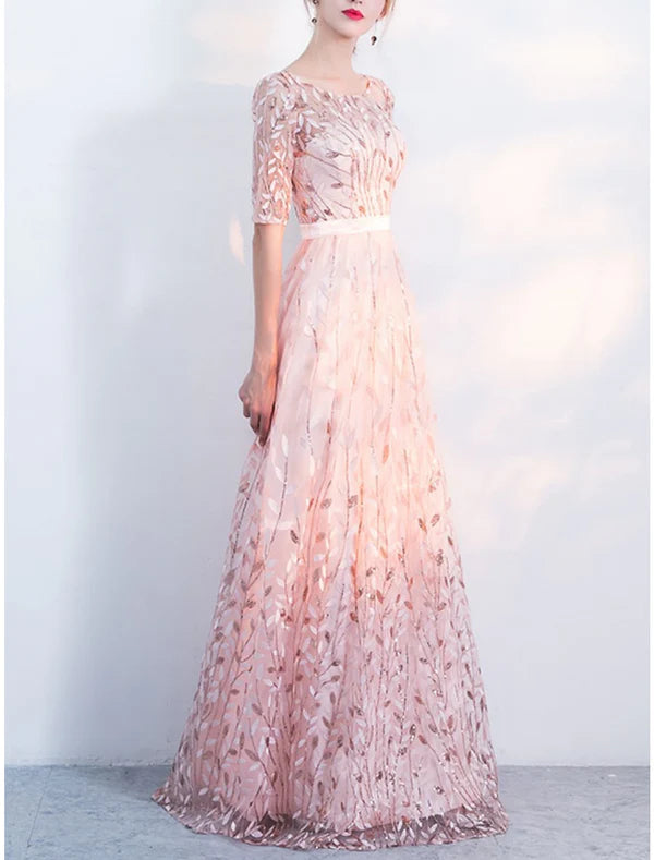 Luolandi Sheath / Column Mother of the Bride Dress Wedding Guest Party Sparkle & Shine Petite Scoop Neck Sweep / Brush Train Tulle Half Sleeve with Sequin Fall Elegant