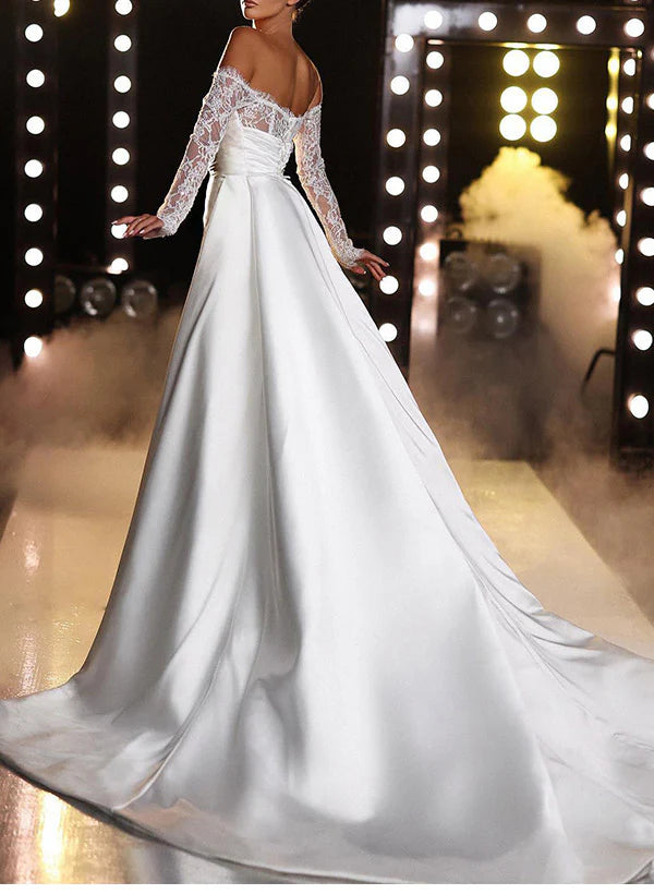Luolandi Off-The-Shoulder Long Sleeves Mermaid Trumpet Satin Wedding Dresses With Panel Train Elegant