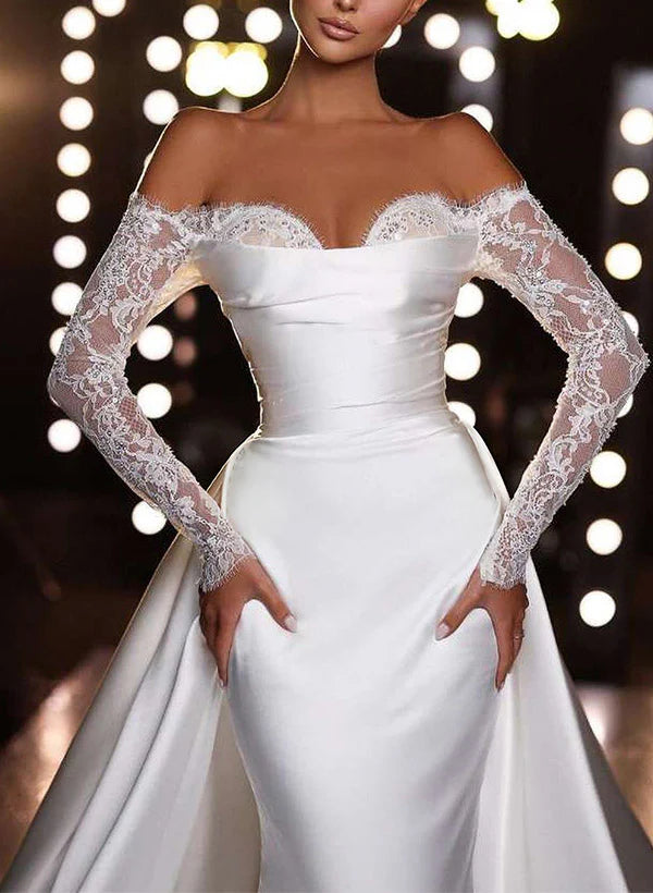 Luolandi Off-The-Shoulder Long Sleeves Mermaid Trumpet Satin Wedding Dresses With Panel Train Elegant
