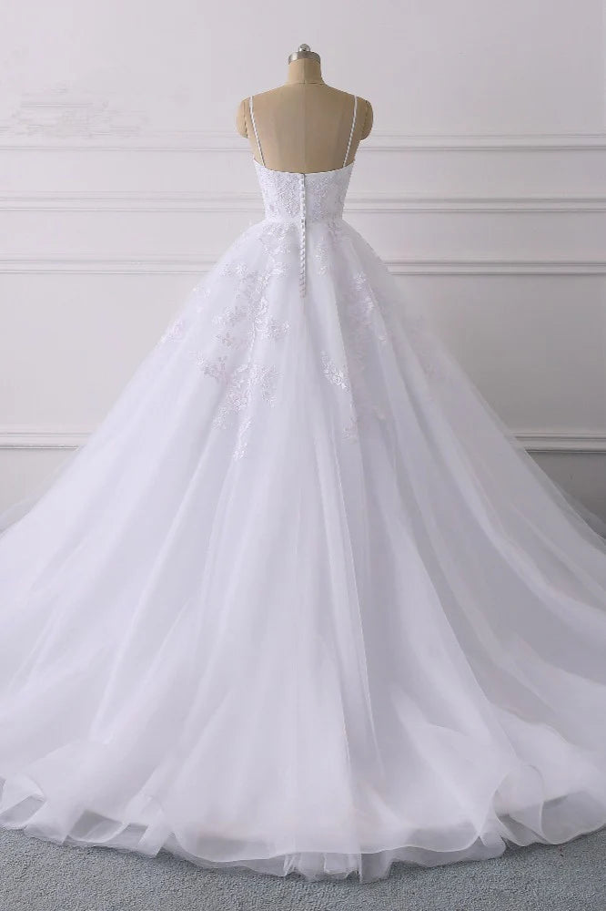 Luolandi Spaghetti Straps V Neck Tulle Wedding Dress With Lace Appliques Floor Length Elegant