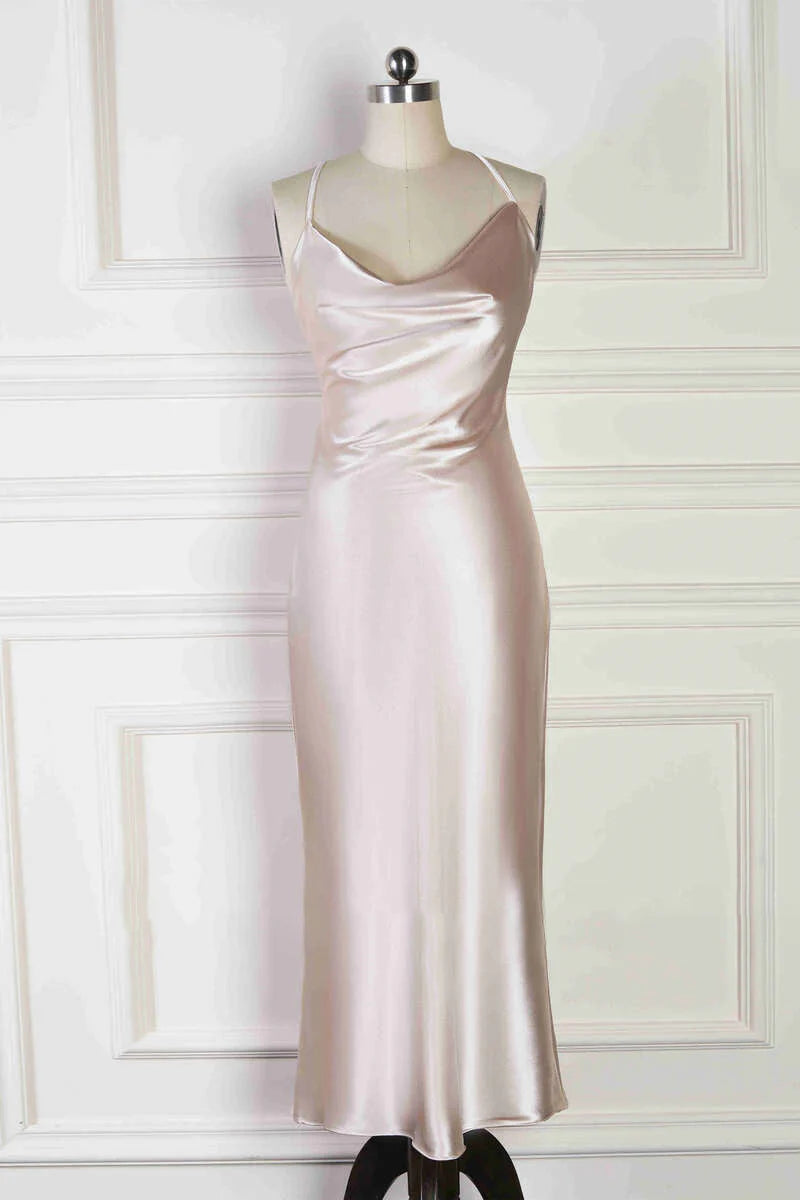 Luolandi Spaghetti Straps Cowl Neck Champagne Sheath Bridesmaid Dress Simple Party Dress