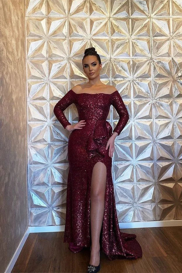 Luolandi Burgundy Long Sleeve Sequin Mermaid Evening Dress With Split Off Shoulder Sparkly Party Dress