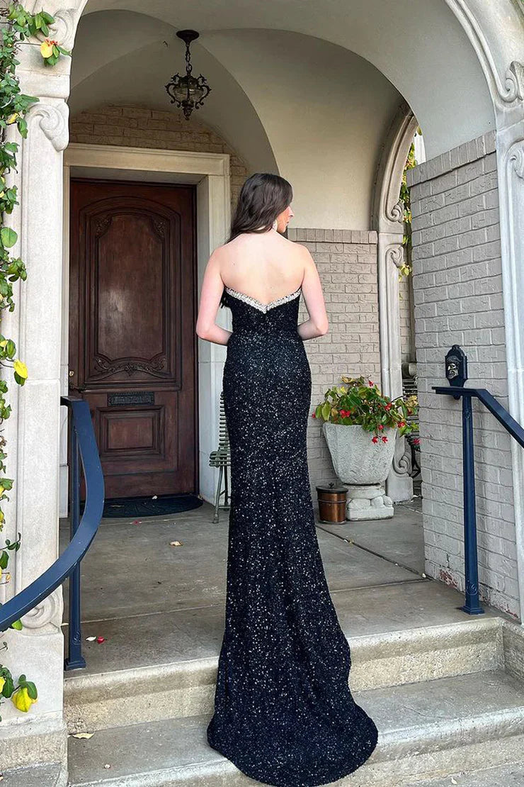 Luolandi Black Deep V Neck Sequins Mermaid Long Prom Dress with Beading Sparkly Evening Dress