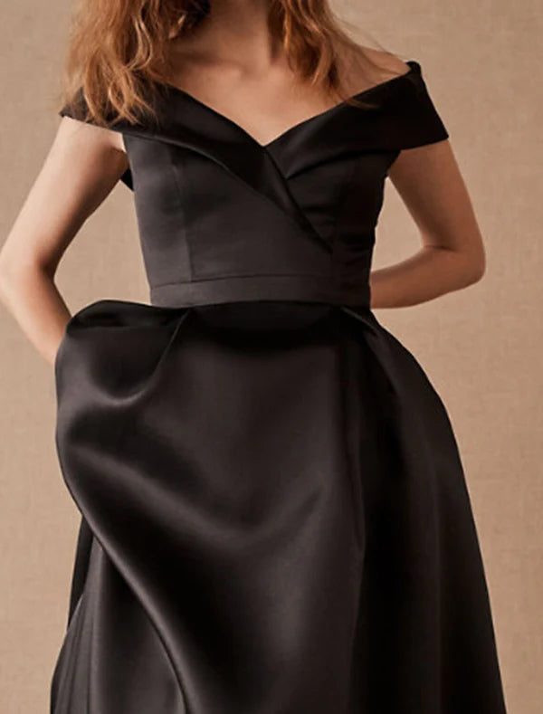 Luolandi A-Line Plus Size Prom Formal Evening Dress Off Shoulder Short Sleeve Floor Length Satin with Pleats Ruched Elegant