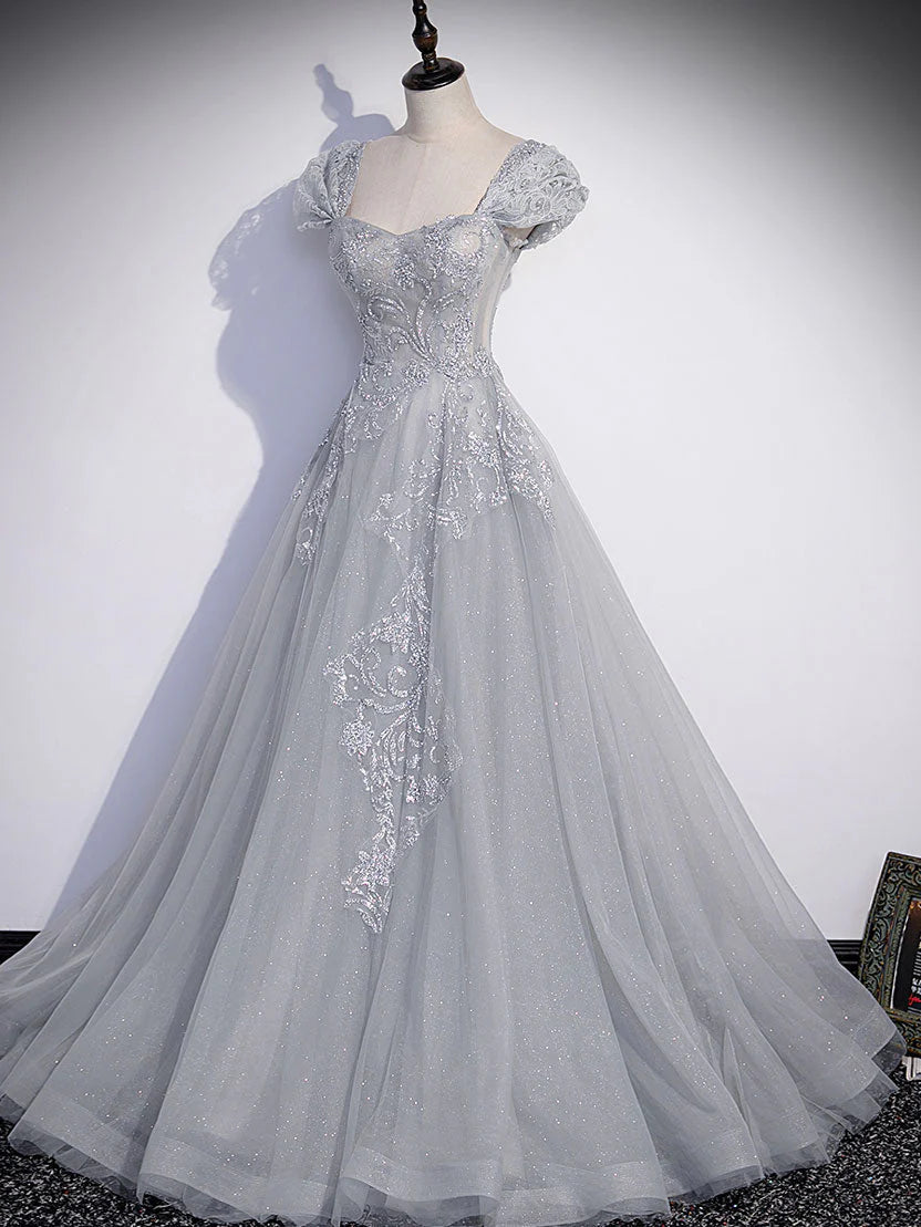 Luolandi A-Line Gray Tulle Sequin Long Prom Dress Formal Evening Dress december wedding guest dress