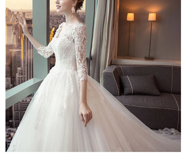 Luolandi A-line V-neck Cathedral Train Tulle Appliqued Long Wedding Dresses Elegant Bridal Gown