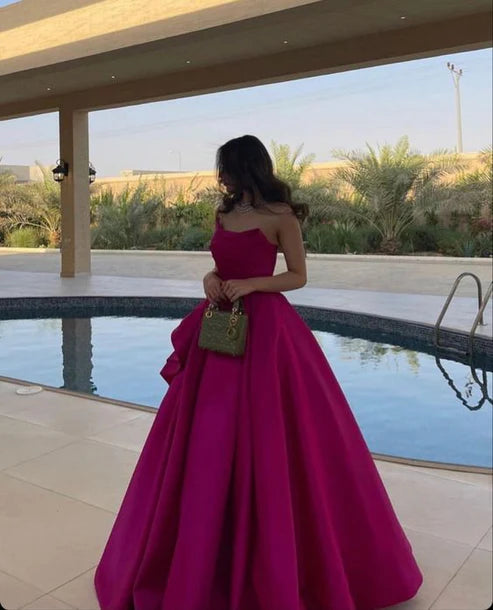 Luolandi Fuchsia A-Line Strapless Long Prom Dress Evening Party Dress Off Shoulder Elegant