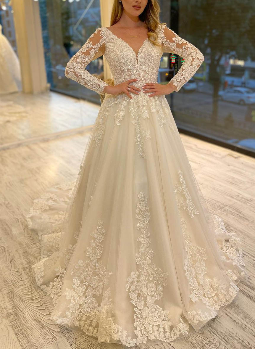 Luolandi Lavish Lace V-Neck Long Sleeves A-Line Bridal Gowns Floor Length with Appliques