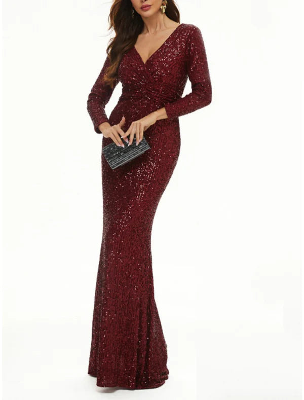 Luolandi Mermaid / Trumpet Mother of the Bride Dress Wedding Guest Party Sparkle & Shine V Neck Floor Length Sequined Long Sleeve with Ruching Evening Dress
