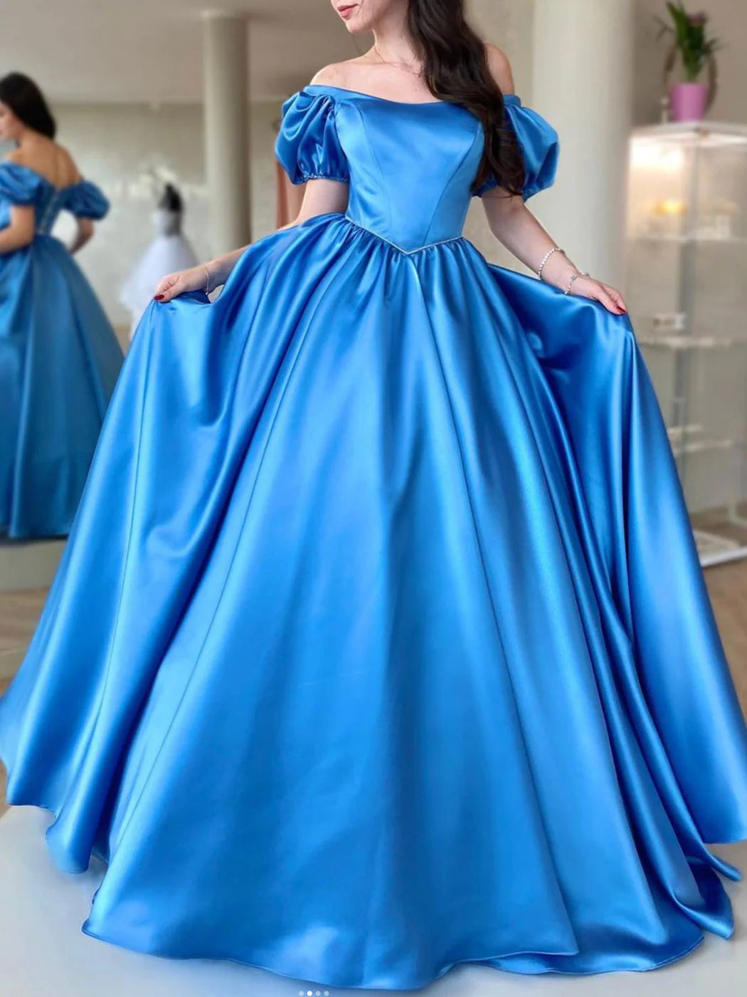 Luolandi Blue Satin Long Prom Dress A Line Graduation Dresses Off Shoulder Elegant Evening Dress
