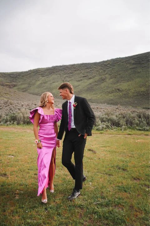 Luolandi Elegant Square Neck Short Sleeves Long Prom Dress with Slit Charming Party Dress