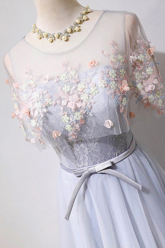 Luolandi Gray tulle lace long prom dress evening dress A Line Formal Dress With Flowers And Bow(s)