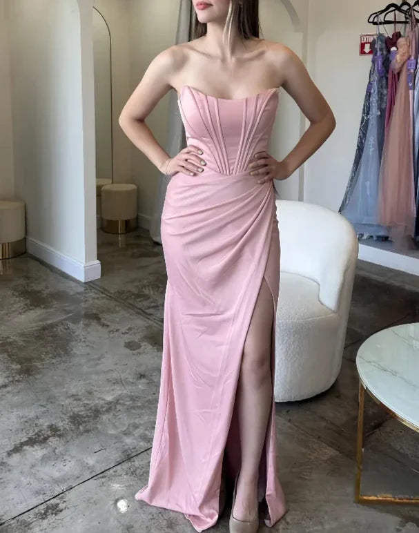 Luolandi Pink Strapless Sheath Simple Long Party Dress Off Shoulder Elegant Evening Dress With Slit