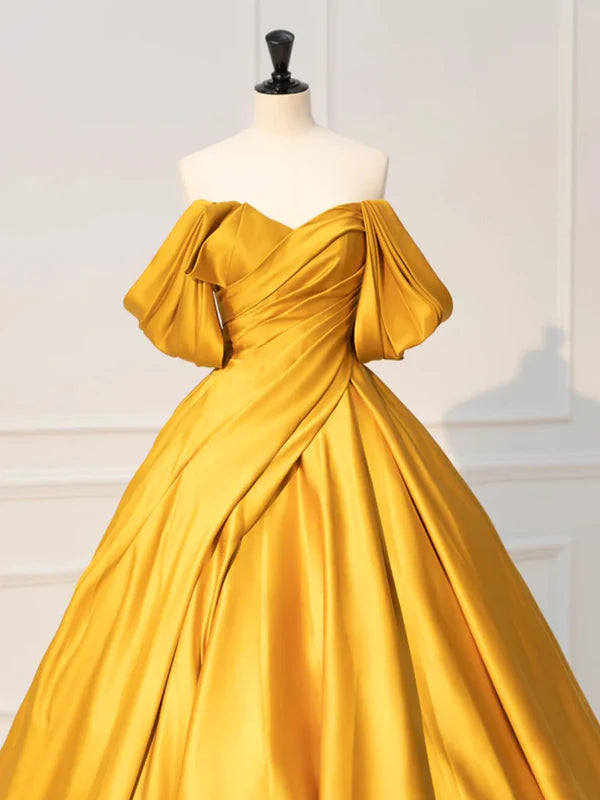 Luolandi Yellow Off Shoulder Satin Long Prom Dress Quinceanera Dress Solid Color Evening Dress
