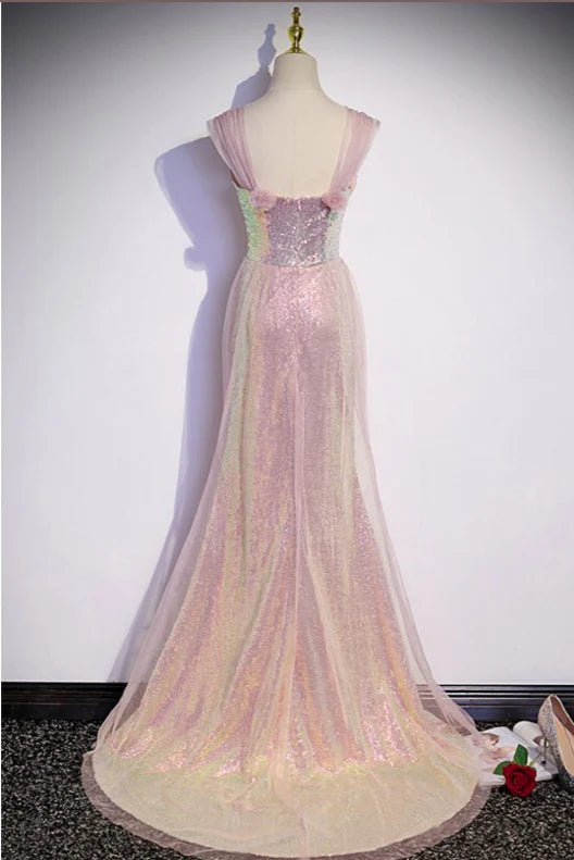 Luolandi Pink Sparkly Mermaid Long Prom Dress Off Shoulder Floor Length Evening Dress