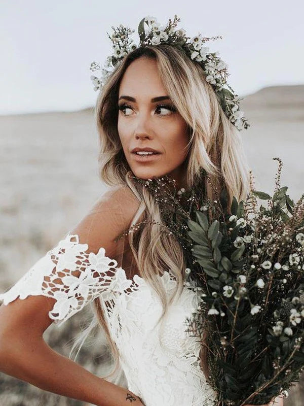 Luolandi Trumpet/Mermaid Lace Applique Off-the-Shoulder Short Sleeves Court Train Wedding Dresses