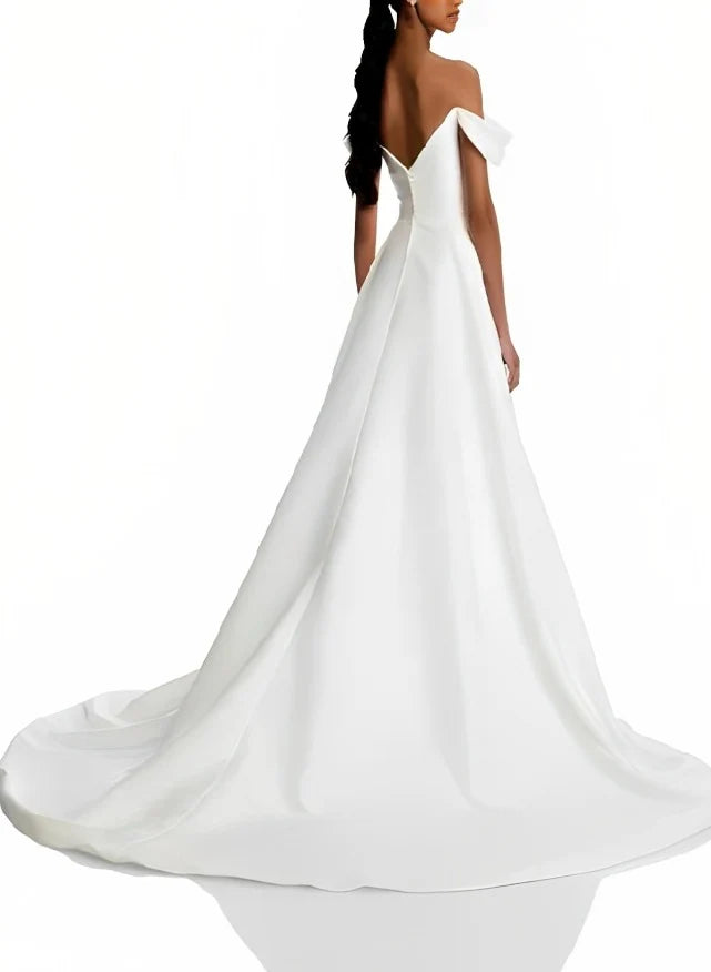 Luolandi Elegant Off The Shoulder Court Train Wedding Dress With Split Front Floor Length Simple Bridal Gown