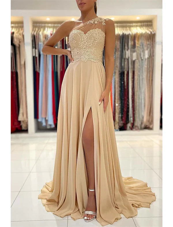 Luolandi A-Line Prom Dresses Sexy Dress Formal Wedding Guest Court Train Sleeveless One Shoulder Chiffon with Slit Appliques Evening Dress