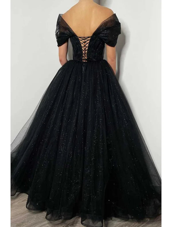 Luolandi A-Line Prom Dresses Elegant Dress Formal Floor Length Black Dress Short Sleeve Off Shoulder Tulle with Pleats Beading Sequin Evening Dress