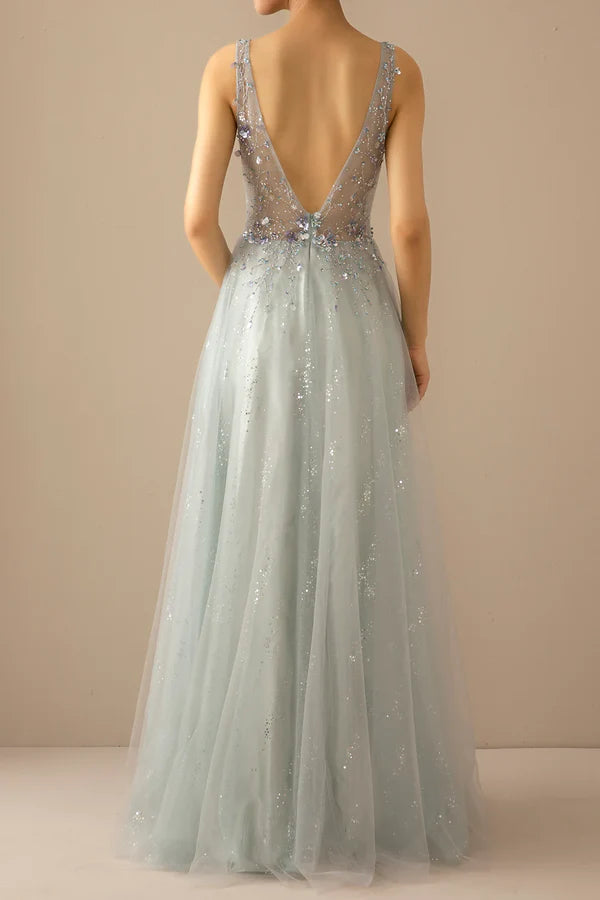 Luolandi Long A Line V-Neck Tulle Wedding Guest Dress Grey Blue Evening Dress Open Back Prom Dress
