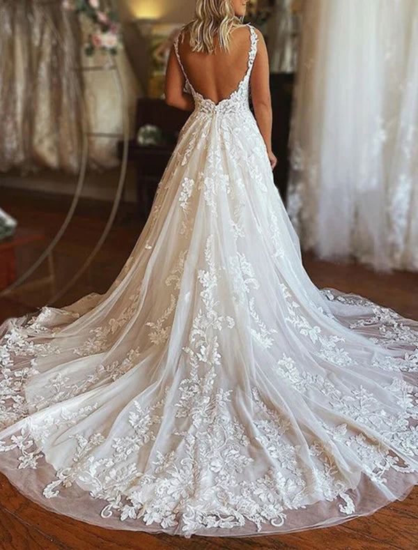 Luolandi Engagement Formal Wedding Dresses A-Line V Neck Sleeveless Chapel Train Lace Bridal Gowns With Appliques Sexy
