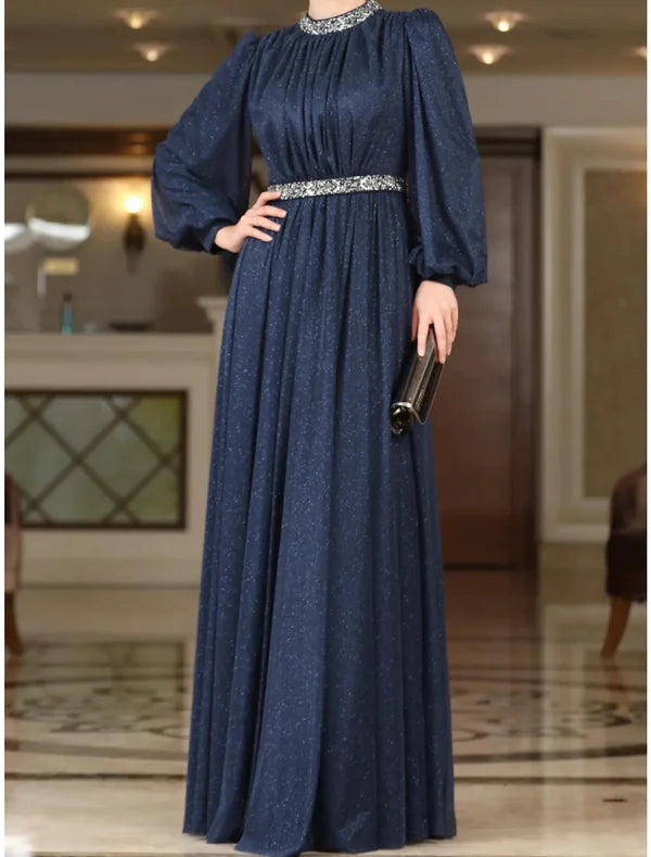 Luolandi A-Line Evening Gown Elegant Dress Formal Floor Length Long Sleeve Jewel Neck Lurex Fabric with Rhinestone Pleats Mother of the Bride Dress
