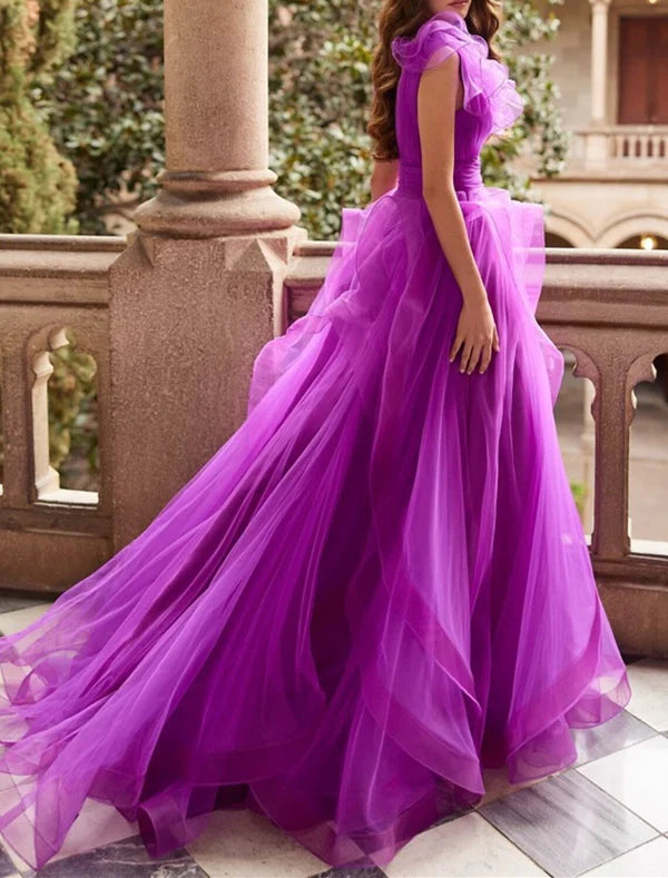 Luolandi A-Line Evening Gown Floral Dress Formal Prom Court Train Sleeveless V Neck Chiffon with Ruffles Floor Length