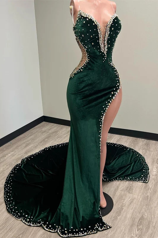 Luolandi Sweetheart Dark Green Prom Dress Velvet Mermaid Slit Beads with Sweep Train Sexy Evening Dress