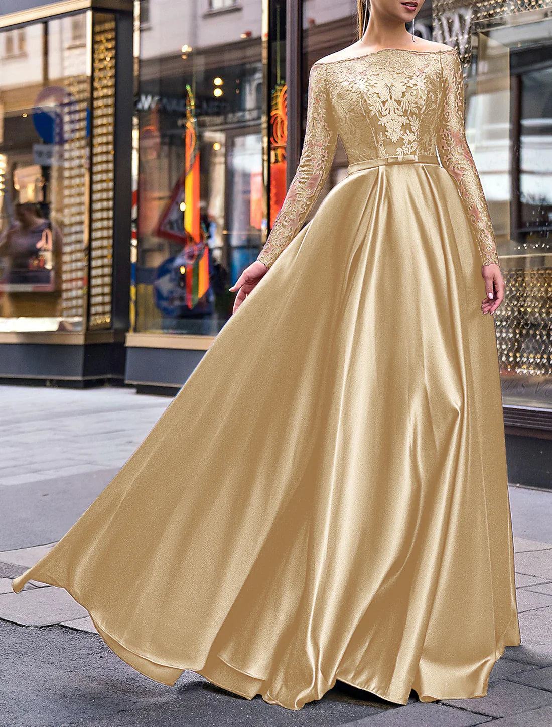 Luolandi A-Line Evening Gown Wedding Guest Floor Length Long Sleeve Off Shoulder Belt / Sash Satin with Appliques Elegant