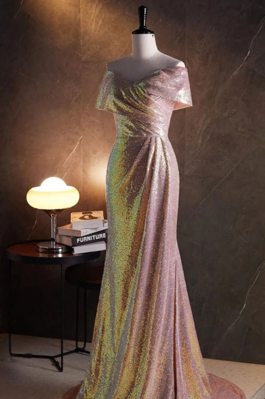 Luolandi Mermaid Sparkly Sequined Formal Party Dress Sweep/Brush Train Dresses Off Shoulder Evening Dress