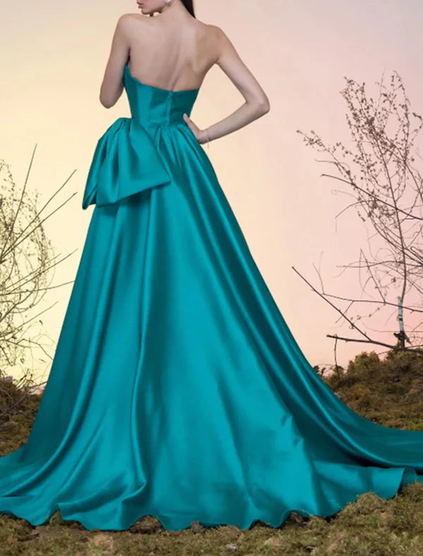 Luolandi A-Line Party Dress Celebrity Style Elegant Vintage Wedding Guest Prom Dress Strapless Sleeveless Court Train Satin with Bow(s) Overskirt Evening Dress